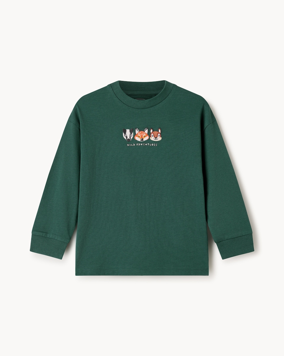 image 1 of F&F Boys Pure Cotton Animal Long Sleeved Top in Green