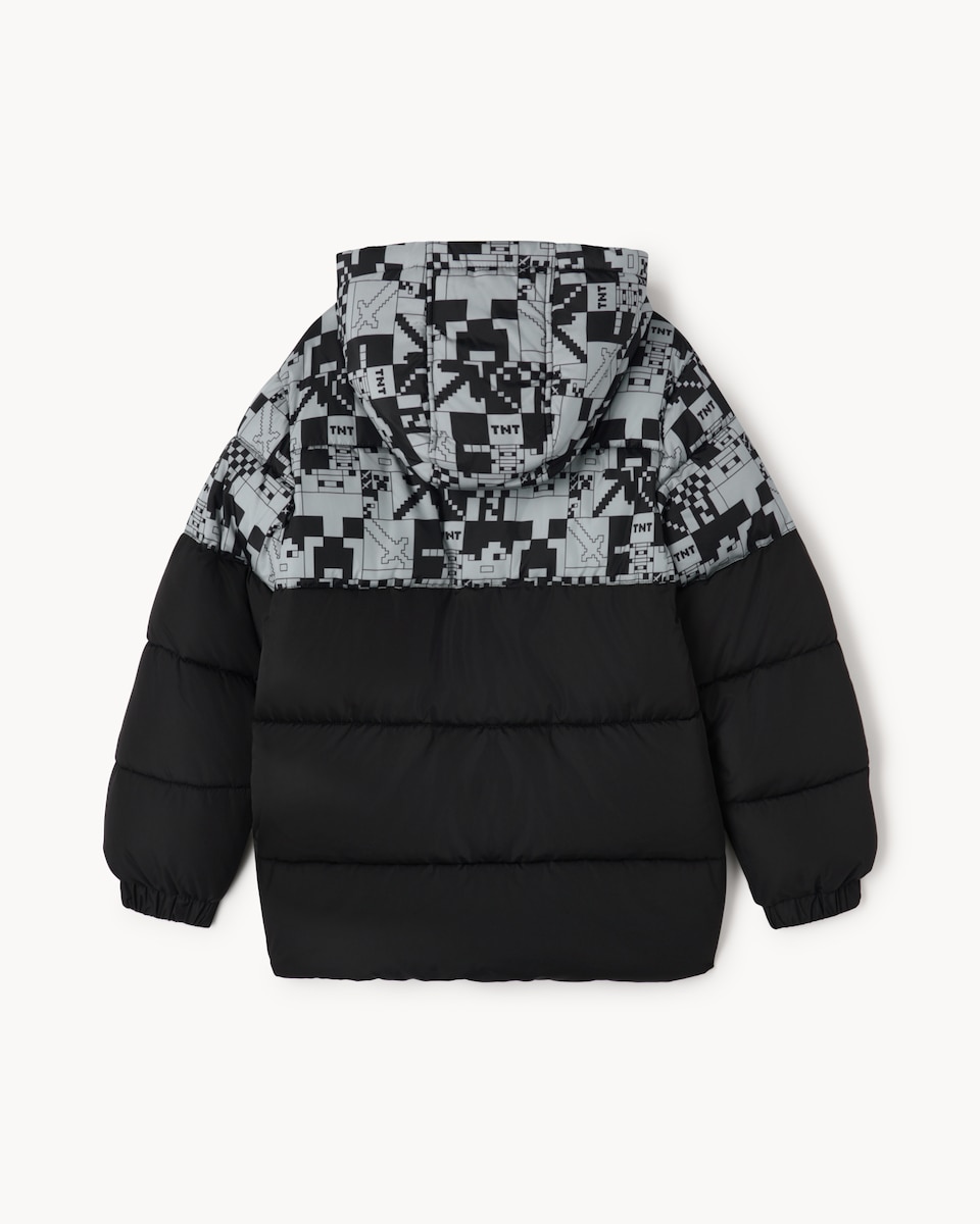 image 1 of Minecraft Printed Zip Up Puffer Coat in Black