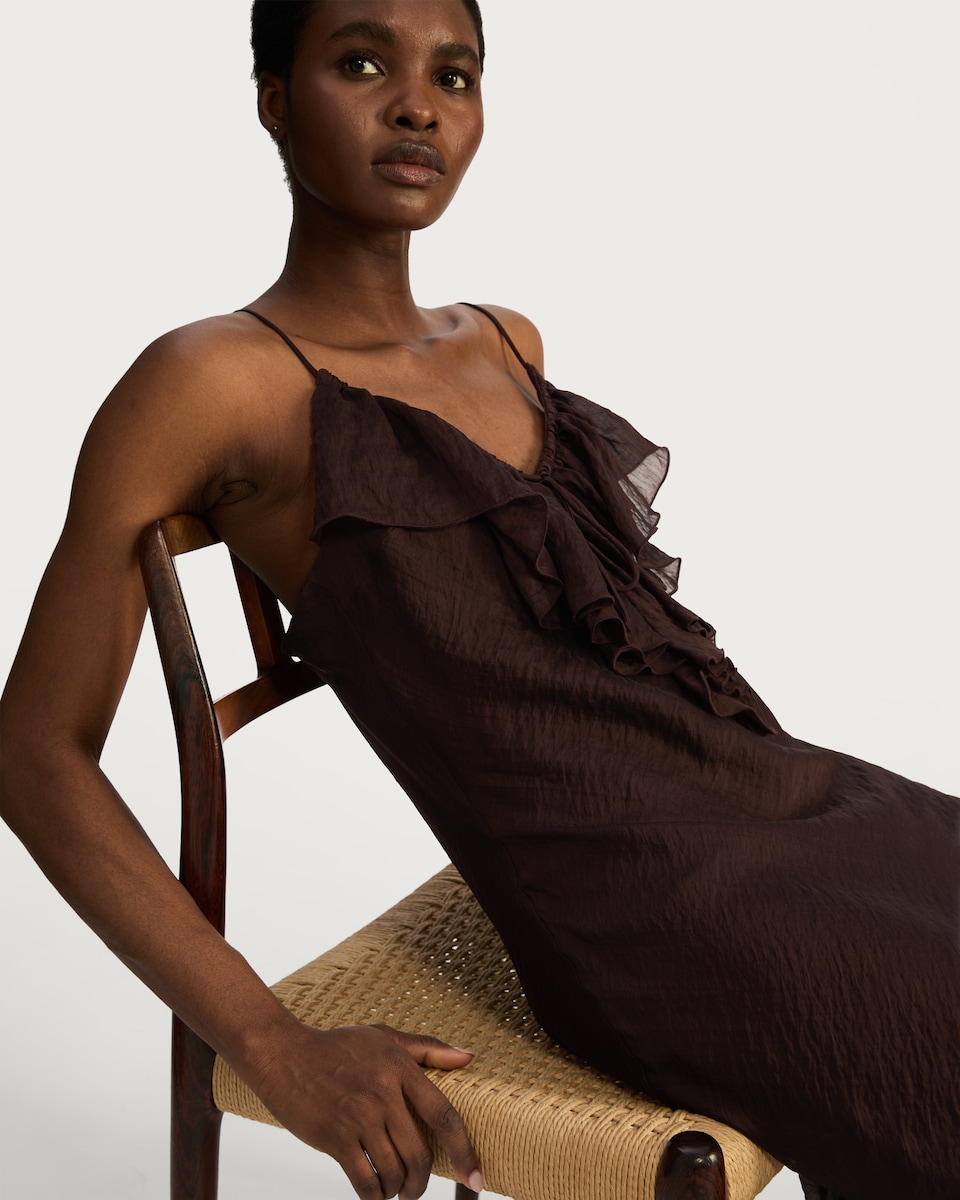 image 1 of F&F V Neck Ruffle Front Strappy Midi Dress in Brown