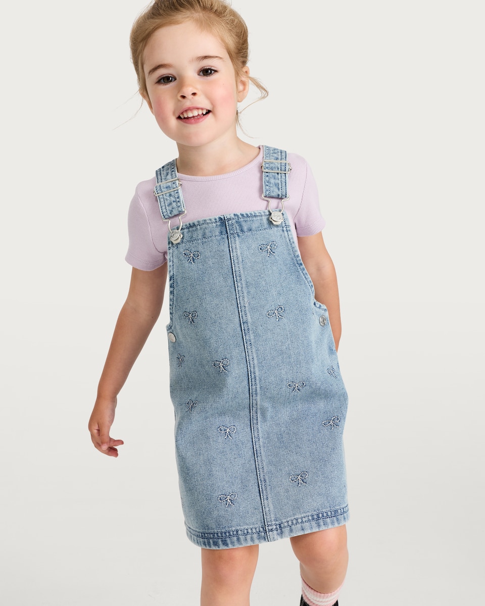 image 1 of F&F Girls Cotton Rich Denim Pinafore and T-Shirt Set in Multi Blue