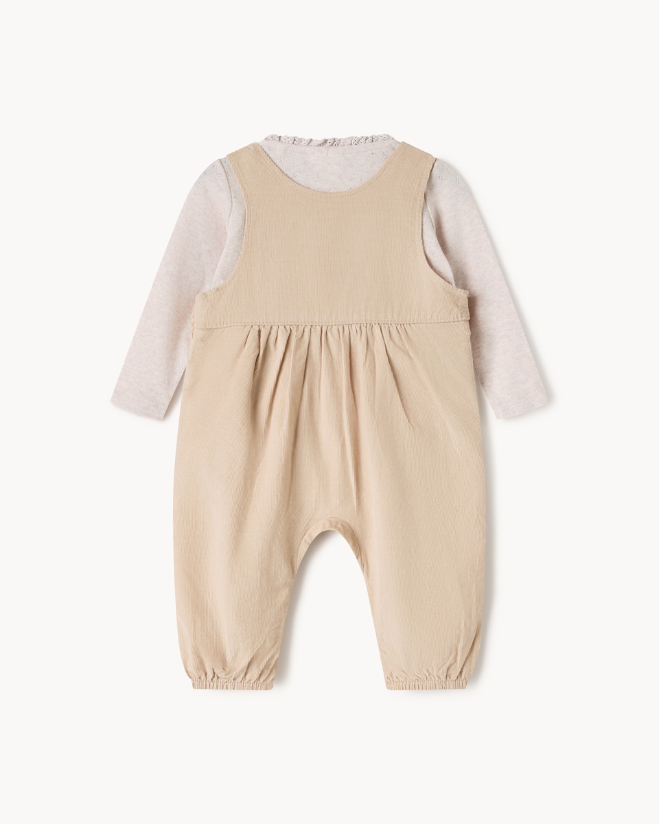 image 1 of F&F Baby Pure Cotton Corduroy Floral Dungarees and Bodysuit Set in Brown