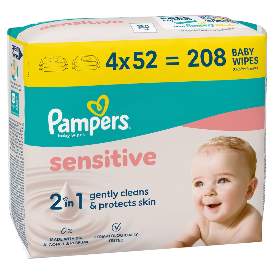 Pampers Sensitive Baby Nedves Törlőkendő, 4 Csomag x 52 Törlőkendő = 208 db Baba Nedves Törlőkendő  1. kép