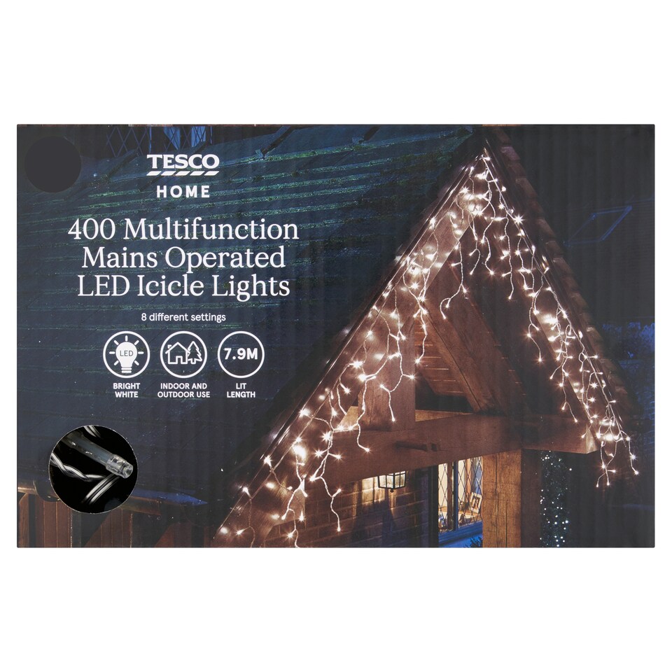 Tesco 400 Multifunction Bright White Icicle Christmas Tree Lights