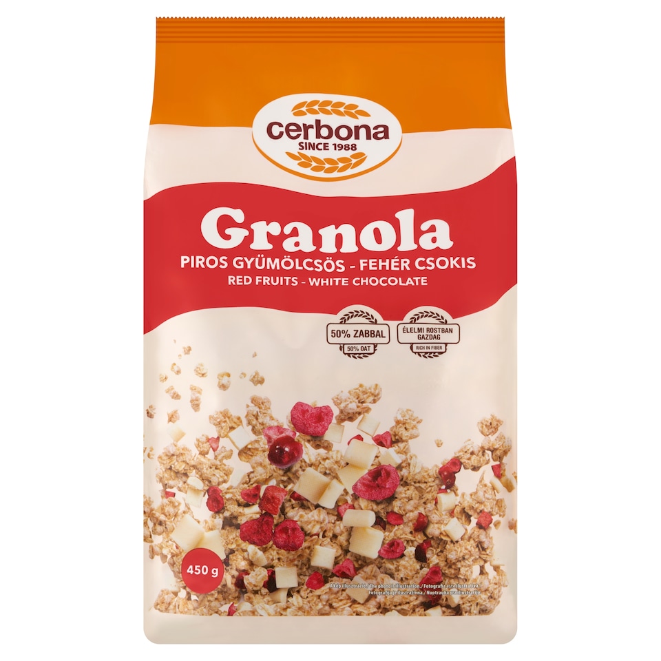 Cerbona piros gyümölcsös-fehér csokis granola 450 g