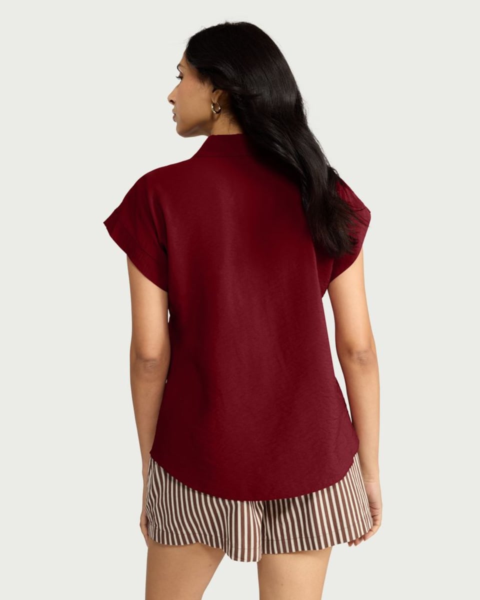 image 1 of F&F Tie Front Short Sleeved Shirt in Red
