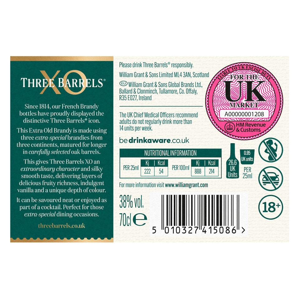 image 1 of Three Barrels XO Brandy 70cl
