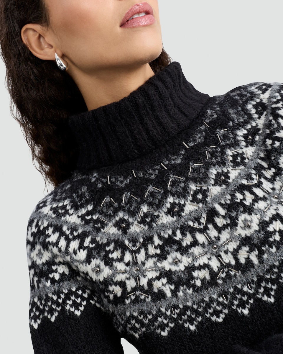 image 1 of F&F Knitted Fair Isle Pattern Roll Neck Jumper with Wool in Black