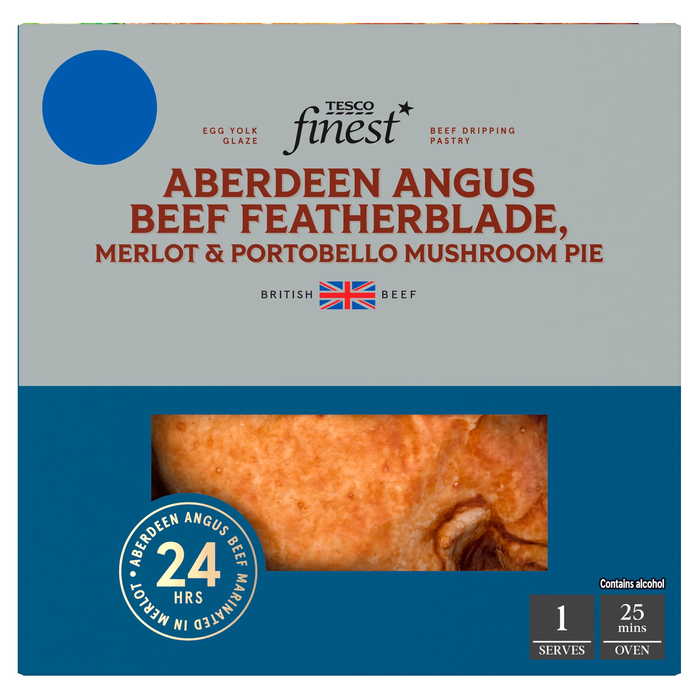 Tesco Finest Aberdeen Angus Beef Featherblade, Merlot & Portobello Mushroom Pie 250g.