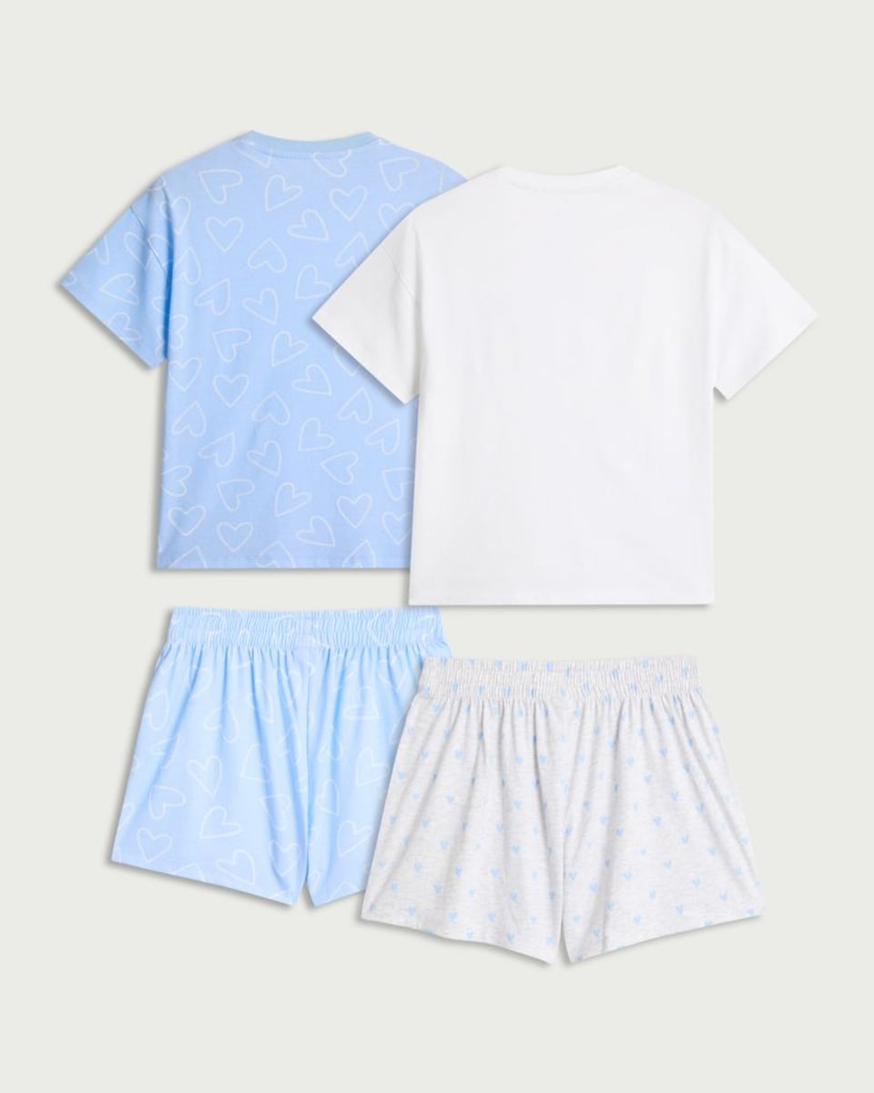 image 1 of F&F 2-Pack Pure Cotton Heart Print Short Pyjama Sets in Blue