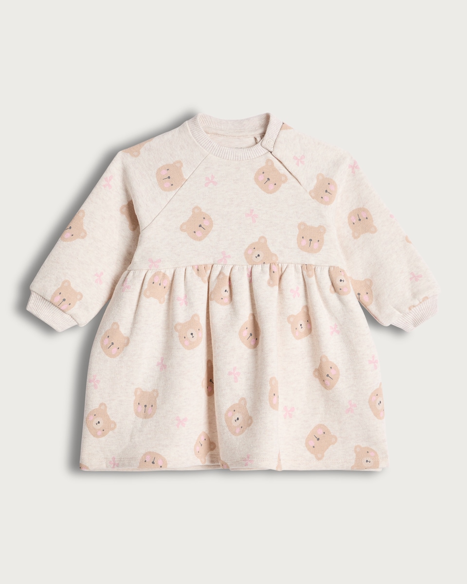 image 1 of F&F Baby Cotton Rich Teddy Bear Print Sweater Dress in Pink
