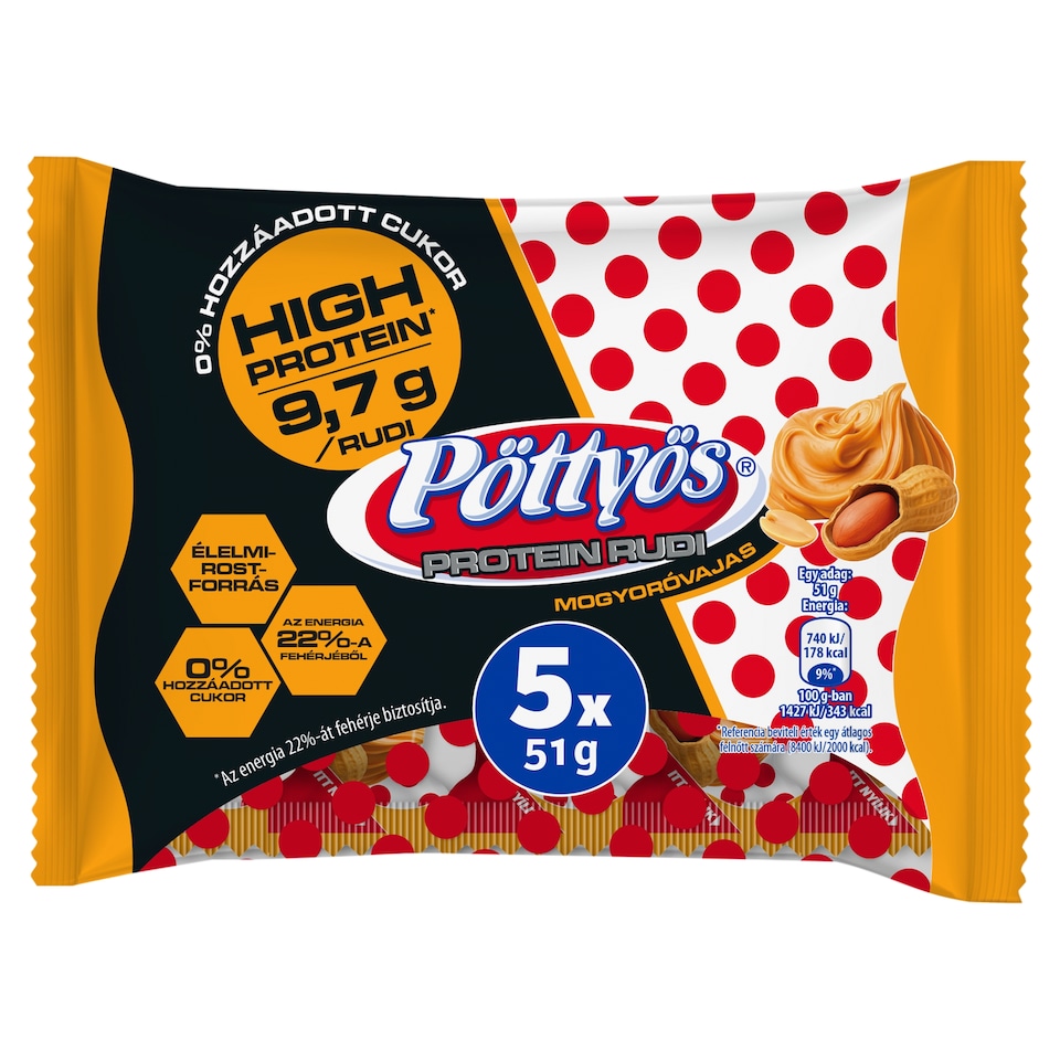Pöttyös Protein Túró Rudi mogyoróvajas túródesszert kakaós étbevonattal 5 x 51 g (255 g) 