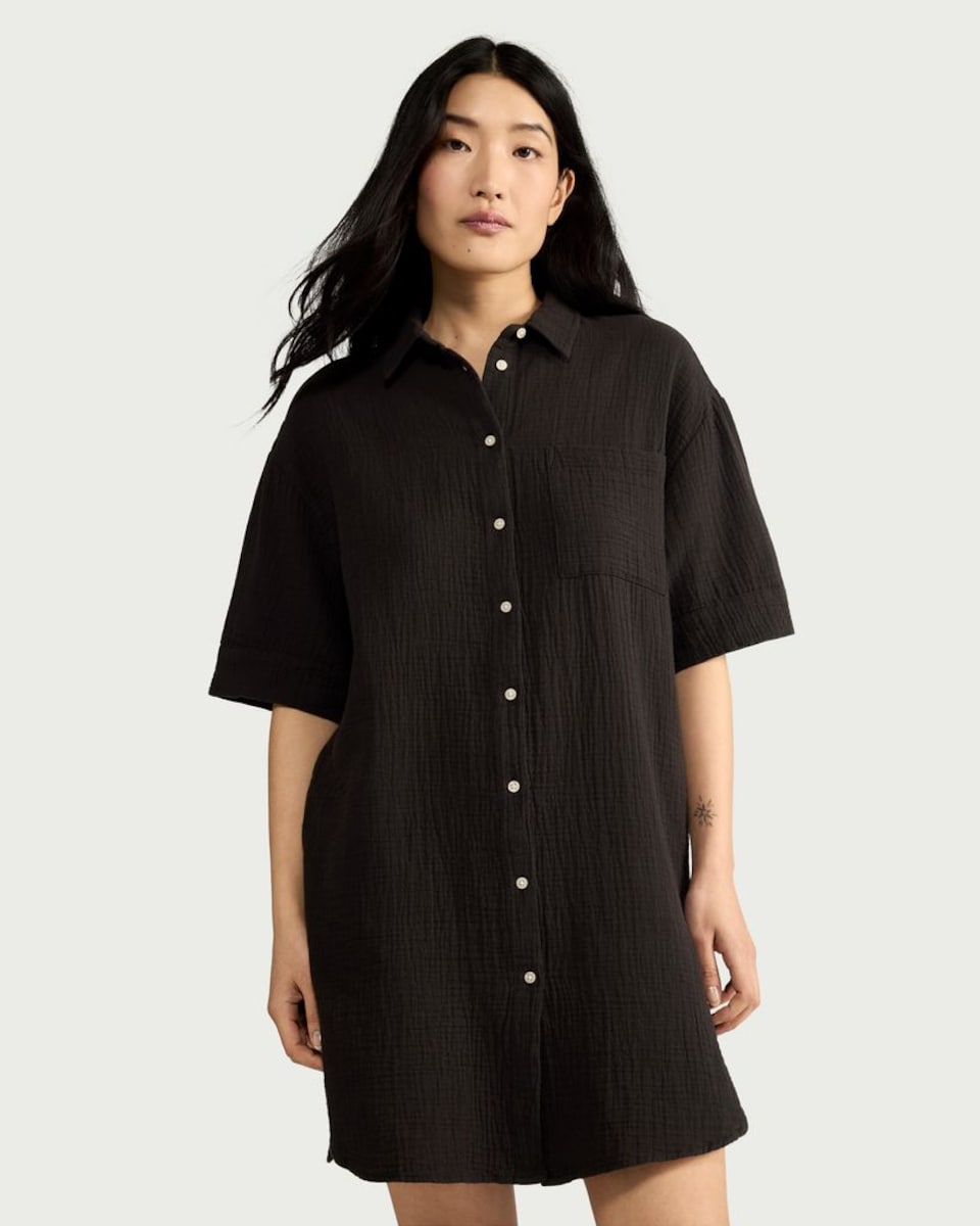 image 1 of F&F Pure Cotton Double Cloth Textured Button Up Pyjama Shirt in Black