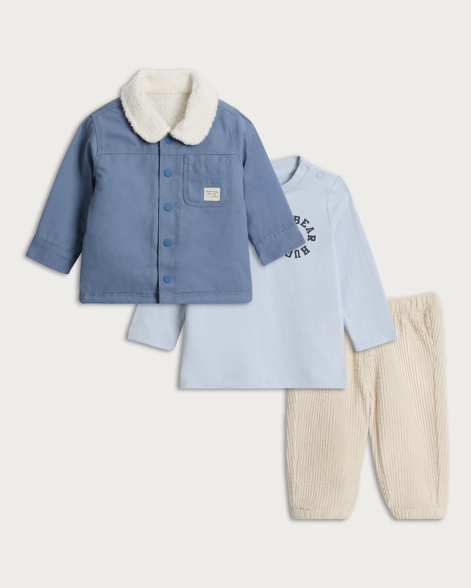 image 1 of F&F Baby 3-Piece Pure Cotton Jacket, Top and Trousers Set in Blue