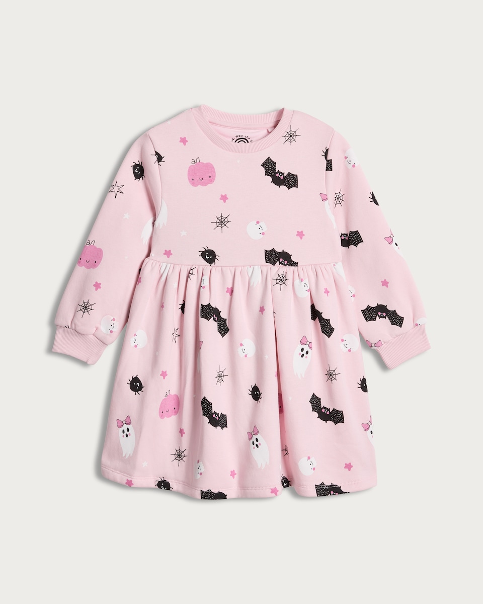 image 1 of F&F Girls Halloween Print Cotton Rich Sweater Dress in Multi