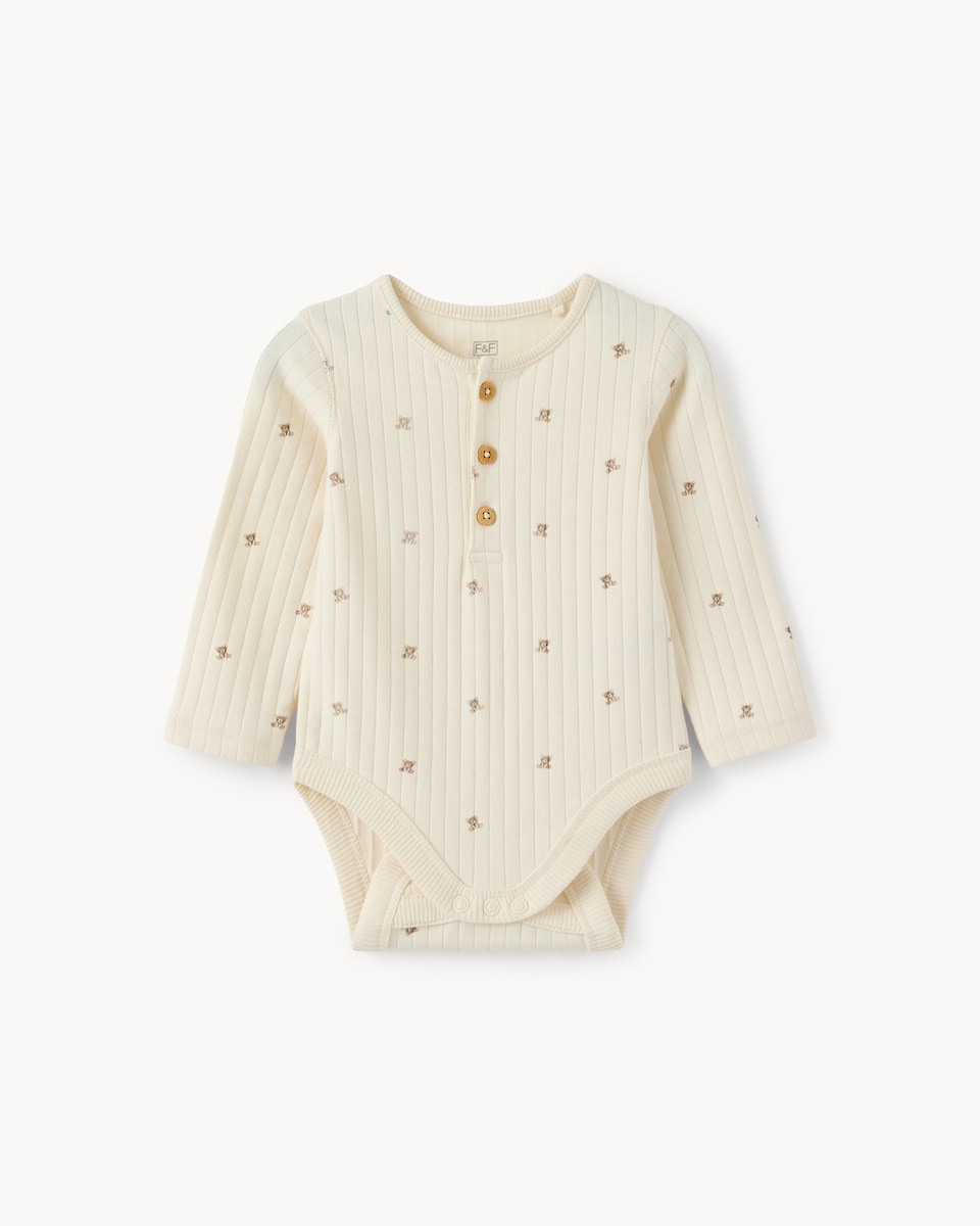 image 1 of F&F Baby 3-Pack Cotton Rich Teddy Bear Long Sleeved Bodysuits in Multi