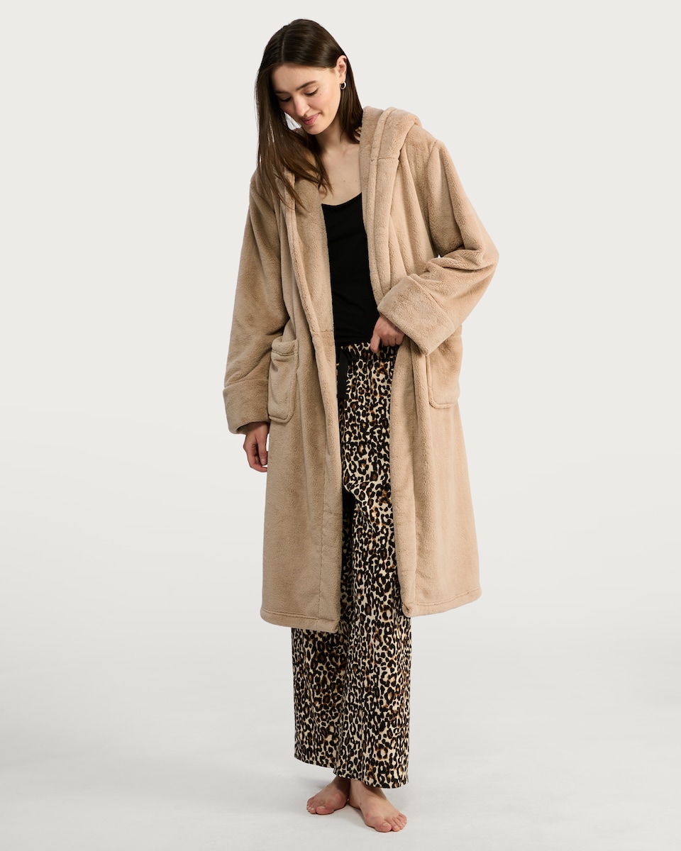 image 1 of F&F Fleece Hooded Dressing Gown in Cream