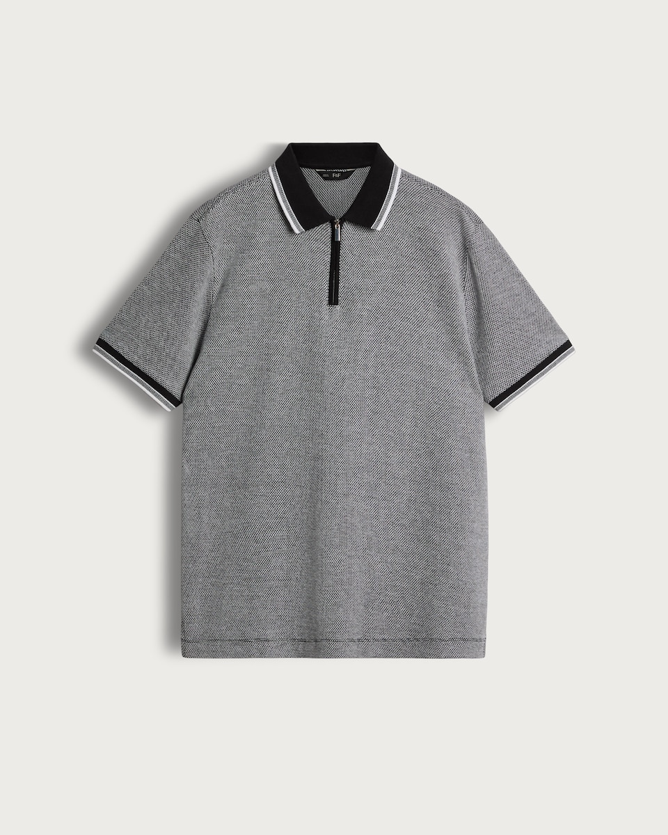image 1 of The F&F Edit Pure Cotton Textured Zip Neck Polo Shirt in Black