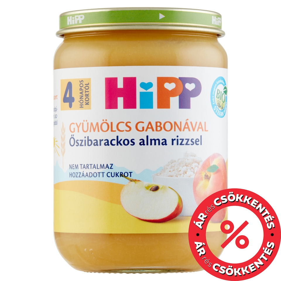 HiPP Gyümölcs Gabonával BIO őszibarackos alma rizzsel bébidesszert 4 hónapos kortól 190 g