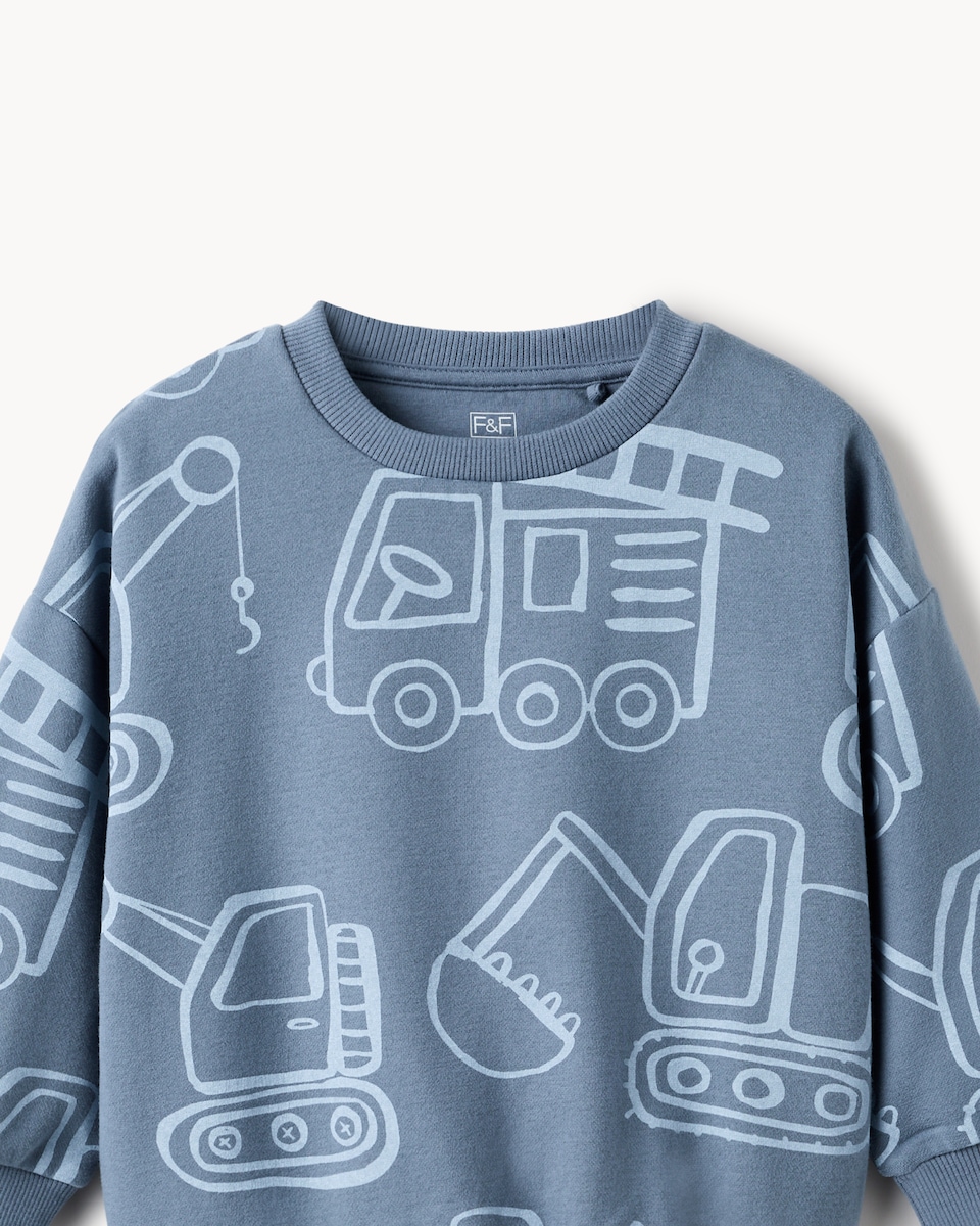 image 1 of F&F Boys Cotton Rich Vehicle Print Sweatshirt in Blue