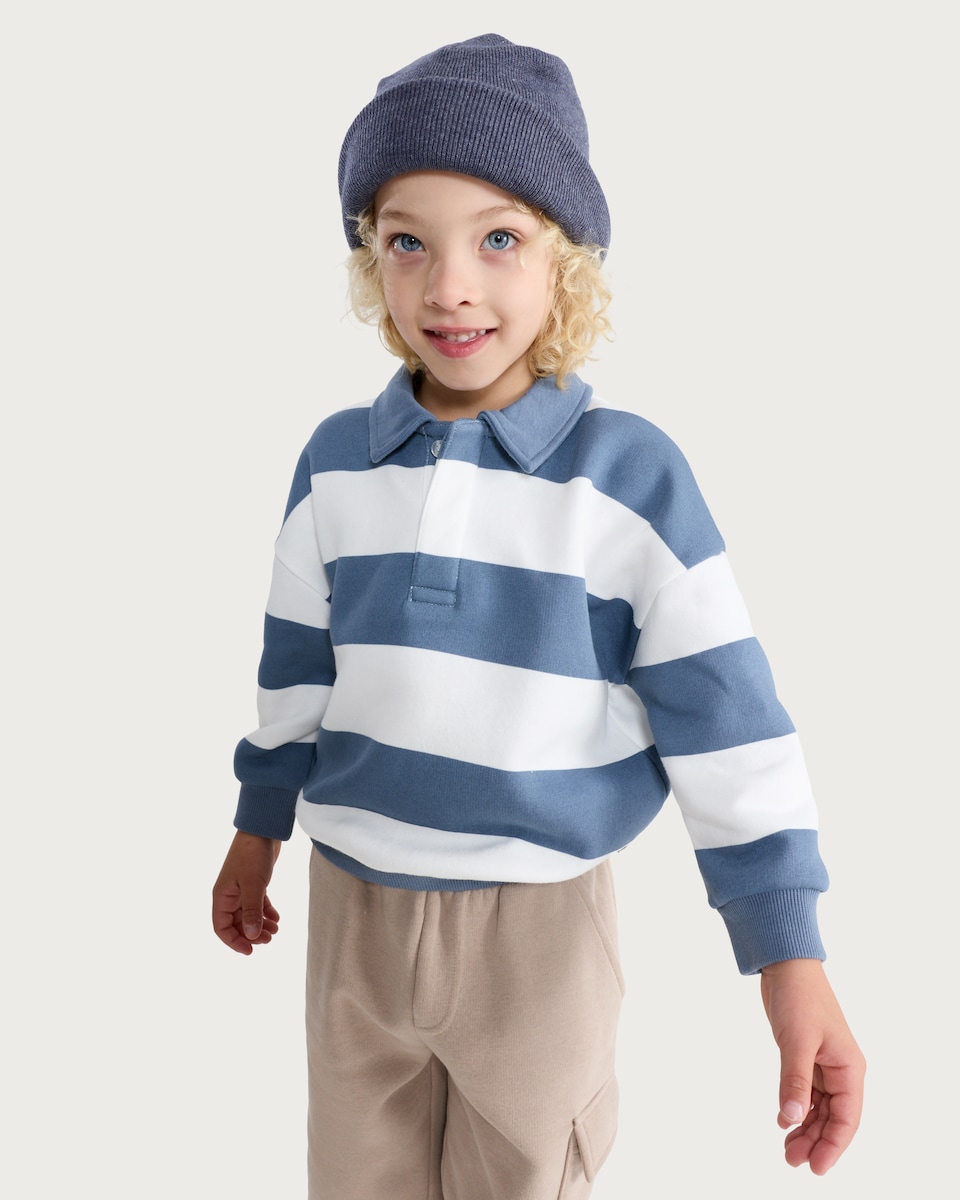 image 1 of F&F Boys Cotton Rich Stripe Print Rugby Sweatshirt in Blue