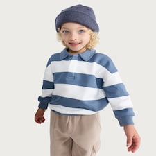 F&F Boys Cotton Rich Stripe Print Rugby Sweatshirt in Blue