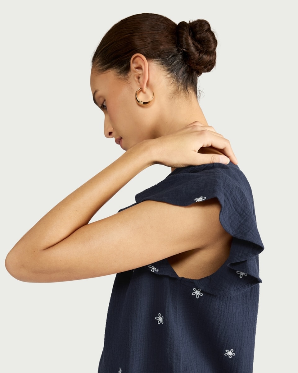 image 1 of F&F Pure Cotton Double Cloth Textured Embroidered Flutter Sleeved Top in Navy