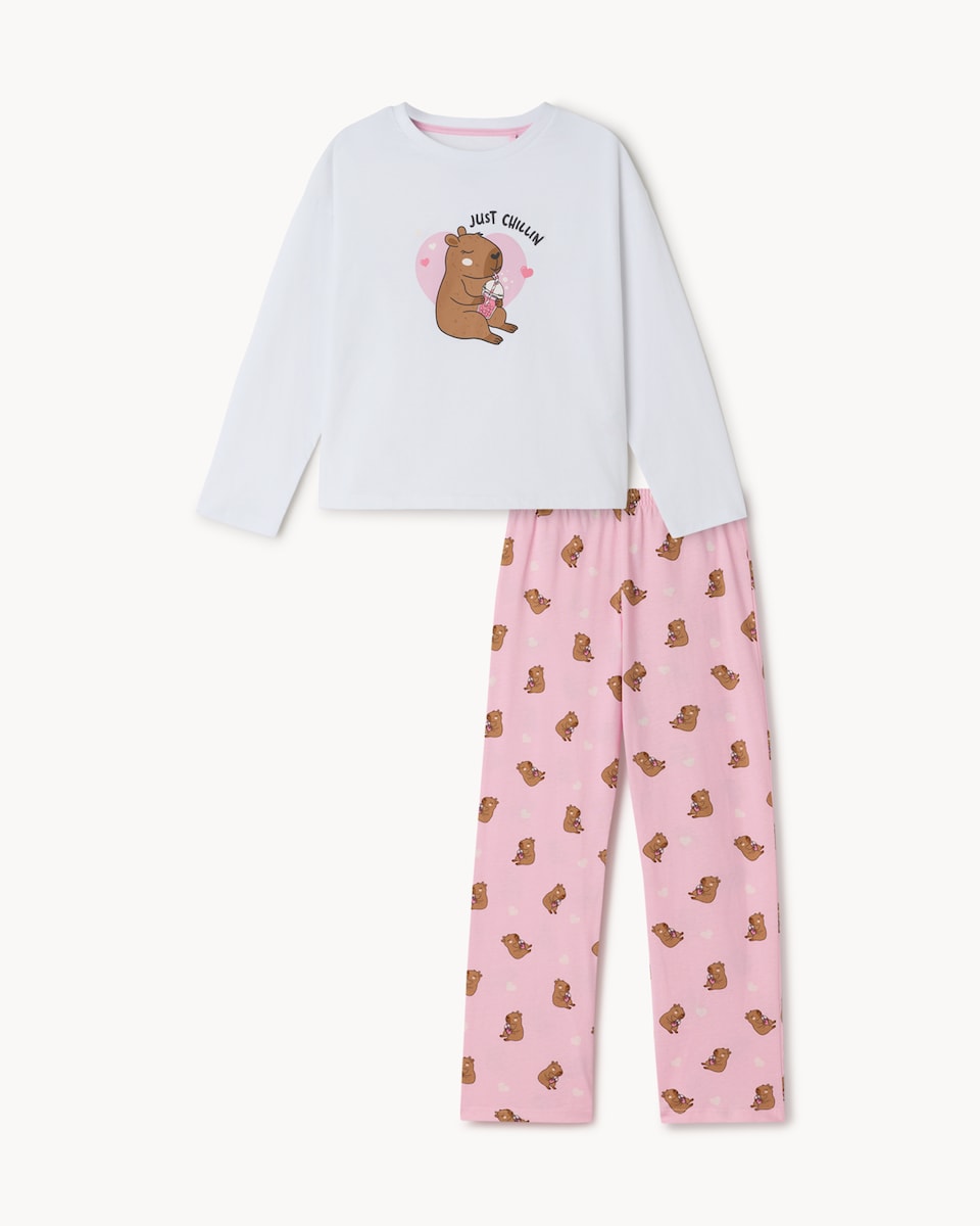 image 1 of F&F Girls Pure Cotton Capybara Pyjama Set in Pink