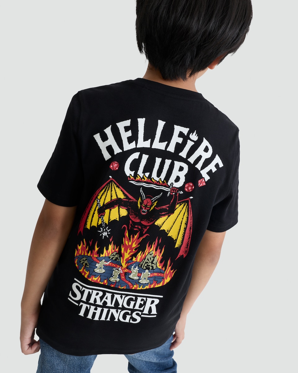 image 1 of Stranger Things Pure Cotton Hellfire Club Print T-Shirt in Black