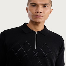 F&F Cotton Rich Argyle Knit Polo Shirt in Black