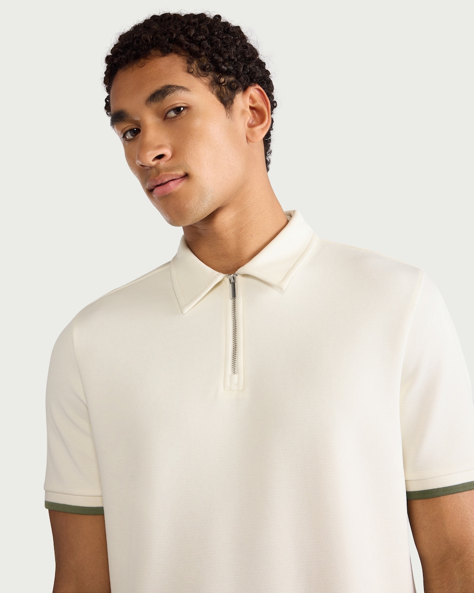 image 1 of F&F Textured Zip Neck Tipped Polo Shirt in Ecru
