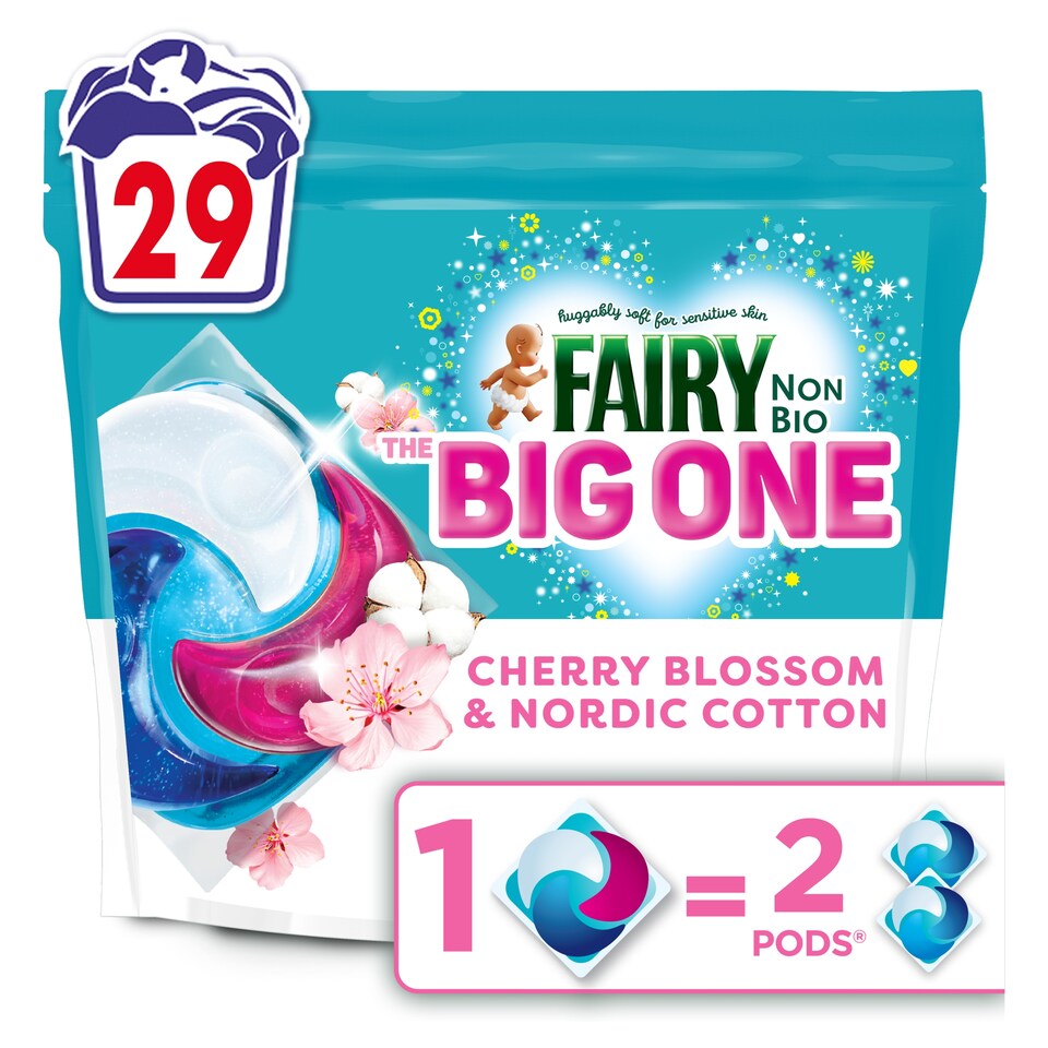 image 1 of Fairy Non Bio The Big One Cherry Blossom & Nordic Cotton  Washing Liquid Pods 29 Washes 1151.3g