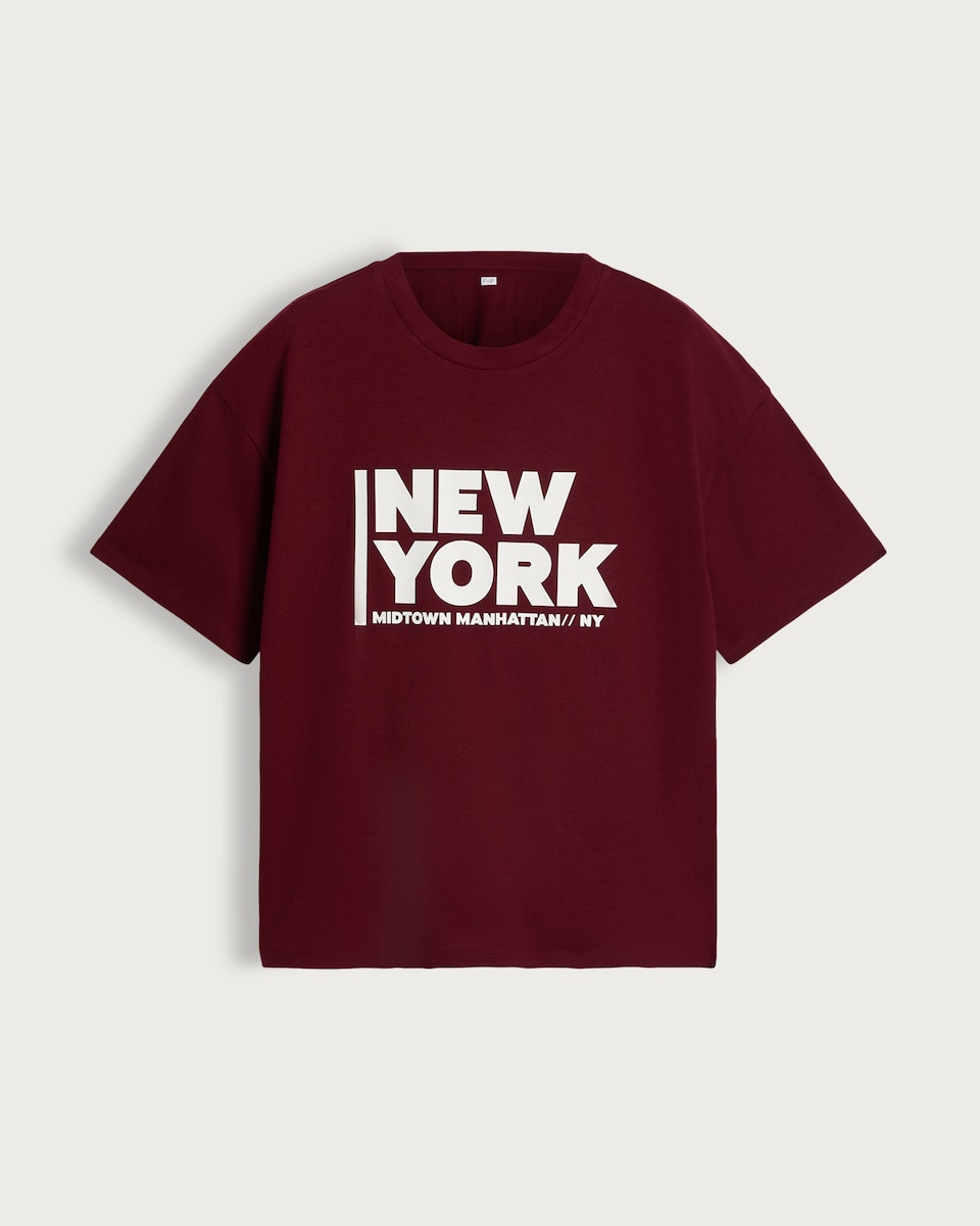 image 1 of F&F Boyfriend Fit New York Slogan T-Shirt in Burgundy