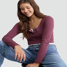OH ME OH MY Cotton Rich Double Layer Henley Top in Burgundy