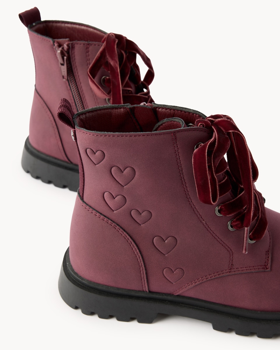 image 1 of F&F Faux Leather Heart Lace Up Ankle Boots in Burgundy