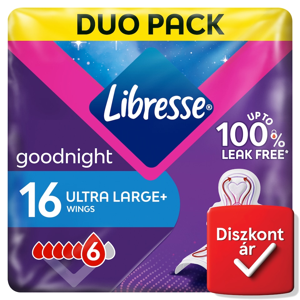 Libresse Ultra Large+ Goodnight szárnyas egészségügyi betét, éjszakai használatra 2 x 8 db  1. kép
