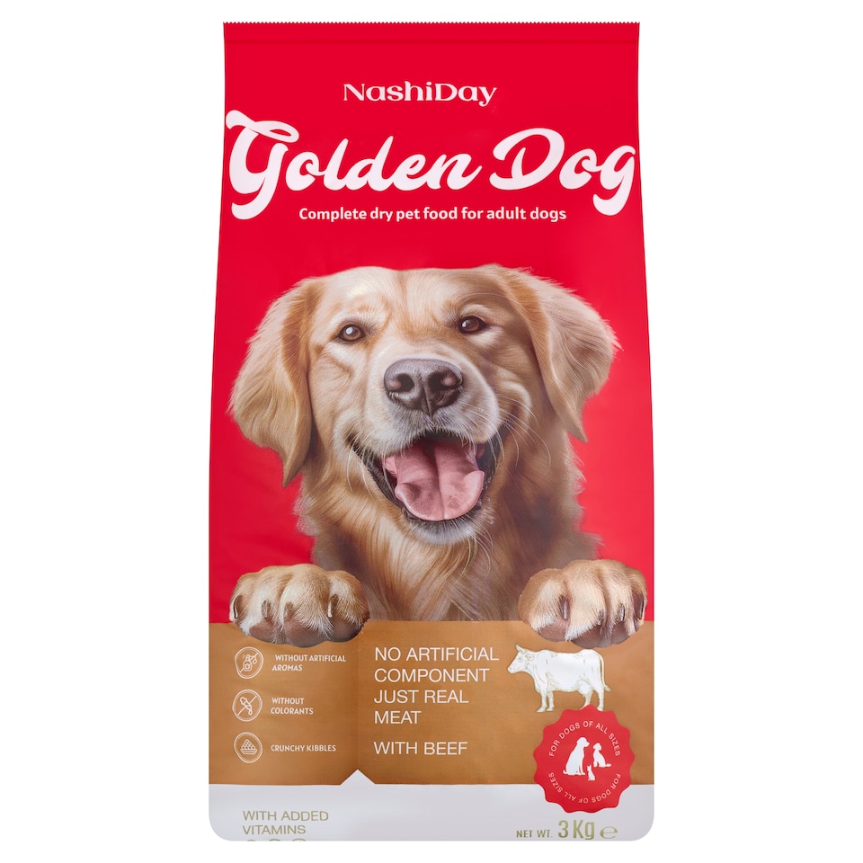 NashiDay Golden Dog teljes értékű száraz állateledel felnőtt kutyák számára marhával 3 kg  1. kép