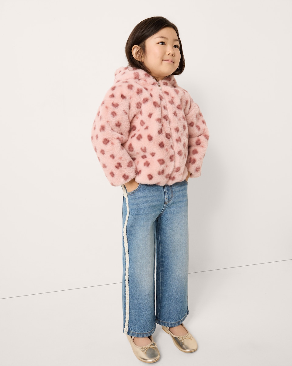 image 1 of F&F Girls Faux Fur Animal Print Jacket in Pink