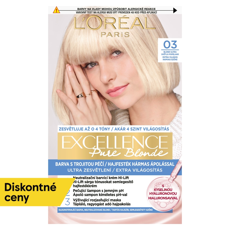 L'Oréal Paris Excellence Pure Blonde 03 Blond ultra světlá popolavá, 72 ml + 48 ml + 12 ml + 60 ml