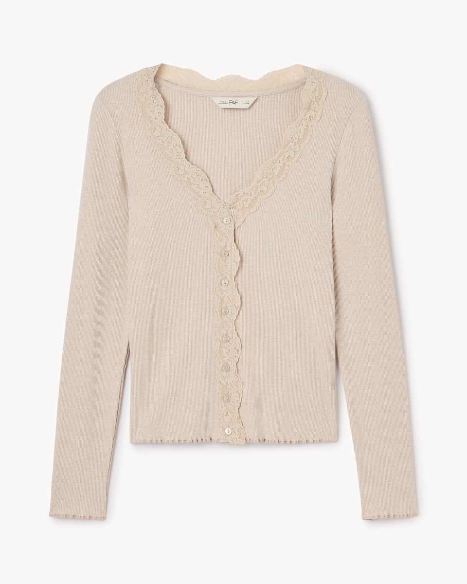 F&F Lace Trim Button Up Top in Neutral