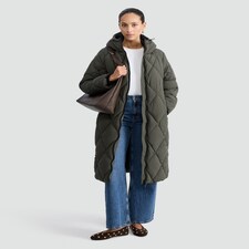 F&F Quilted Longline Shower Resistant Zip Up Coat in Khaki