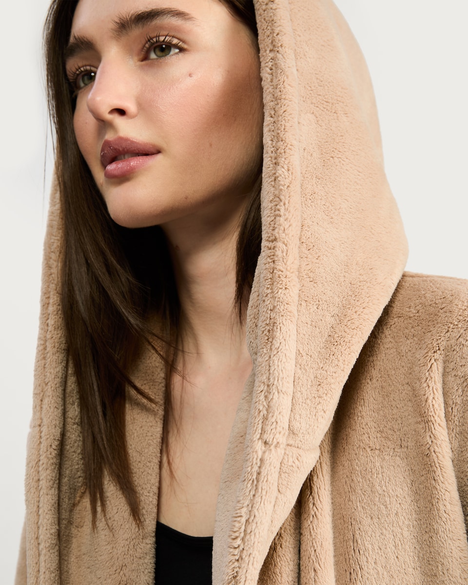 image 1 of F&F Fleece Hooded Dressing Gown in Cream