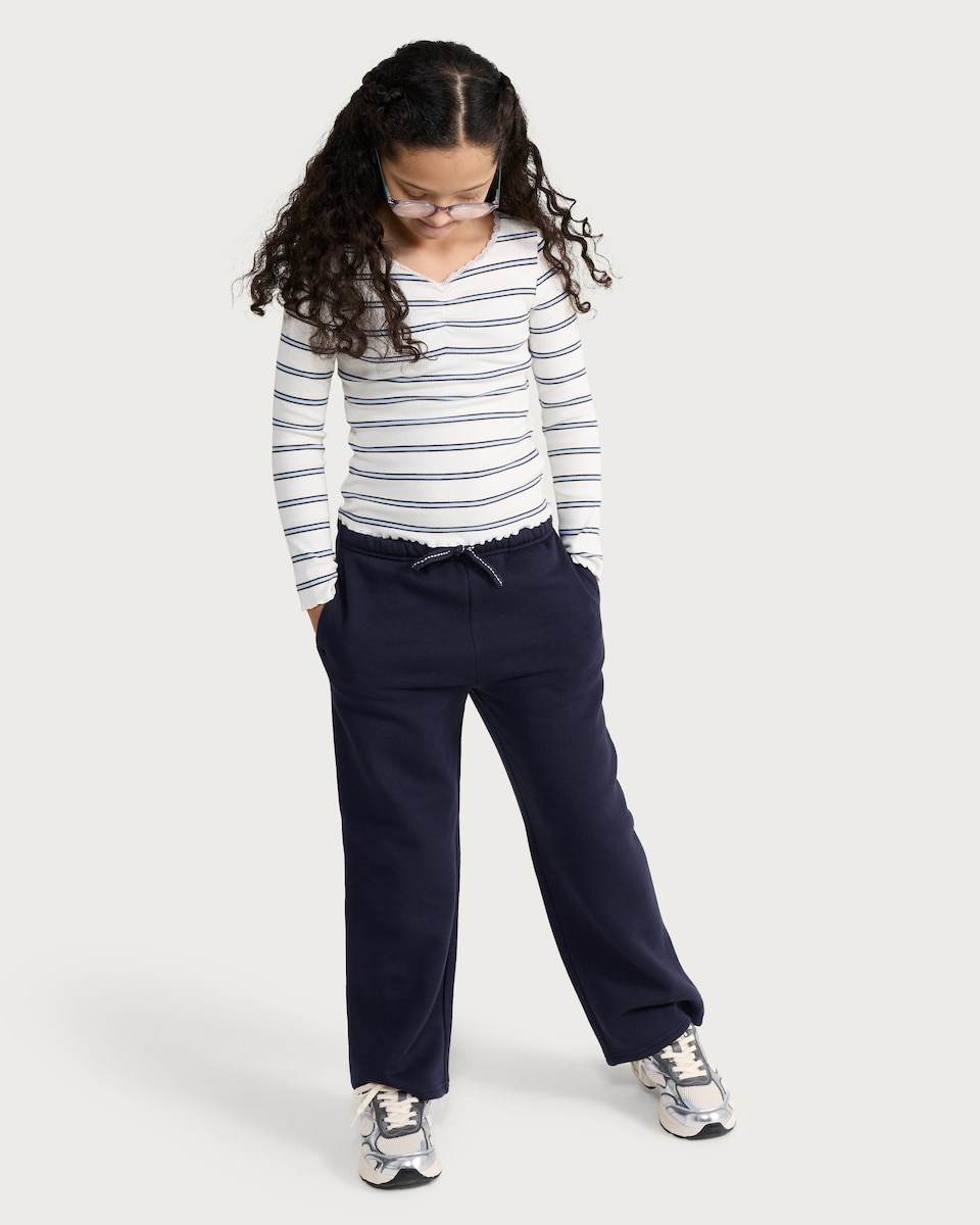 image 1 of F&F Girls Cotton Rich Wide Leg Drawstring Joggers in Navy