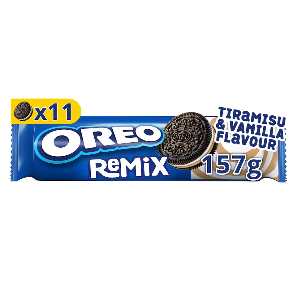 Oreo Remix vaníliaízű és tiramisuízű töltelékkel töltött kakaós keksz 157 g