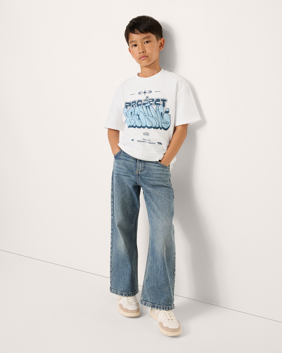 image 1 of F&F Boys Pure Cotton Slogan Oversized Fit T-Shirt in White