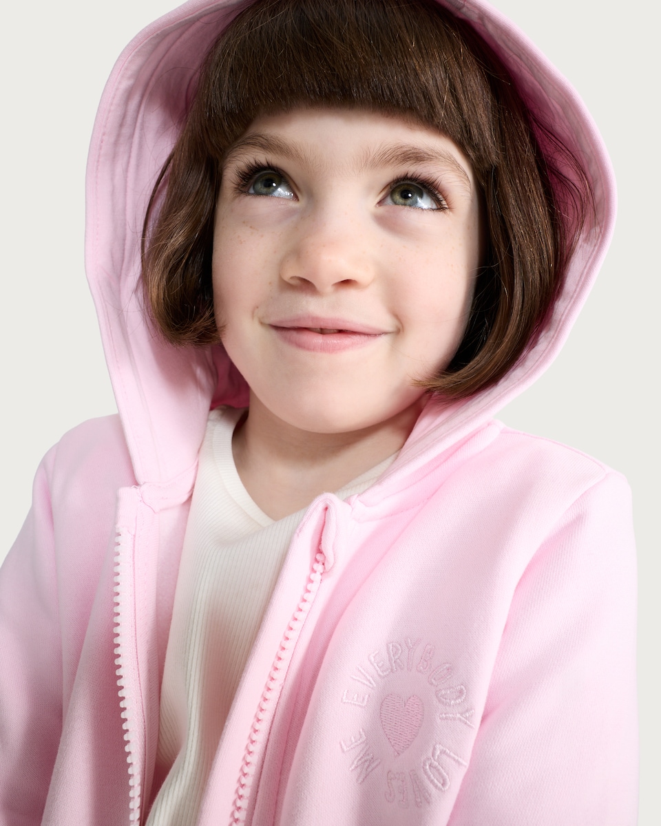 image 1 of F&F Girls Cotton Rich Embroidered Slogan Zip Up Hoodie in Pink