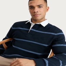 F&F Pure Cotton Stripe Print Long Sleeved Rugby Shirt in Navy