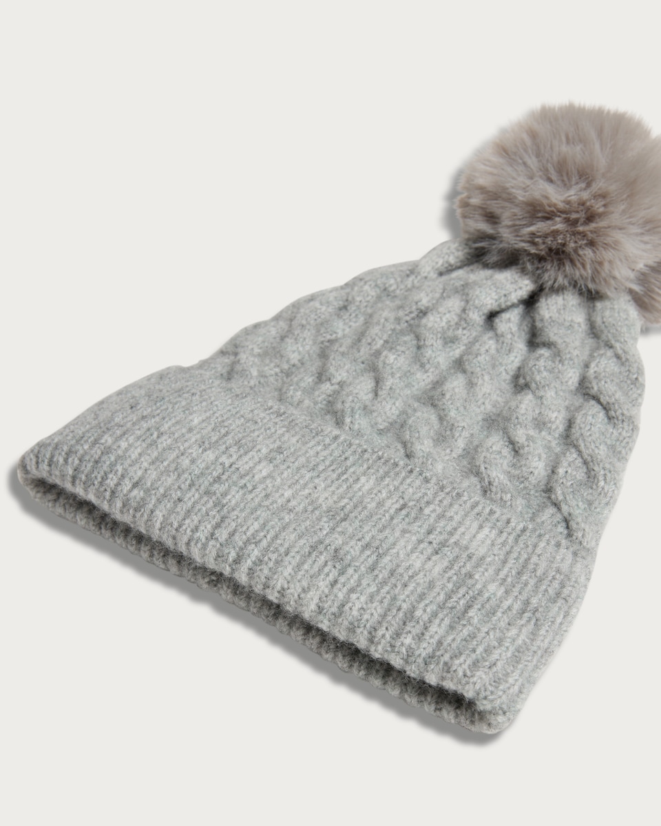 image 1 of F&F Cable Knit Pom Pom Beanie Hat in Grey