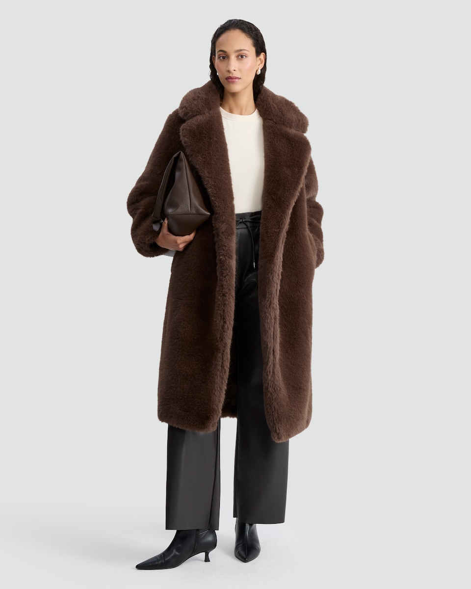 image 1 of F&F Faux Fur Pocket Detail Longline Coat in Brown
