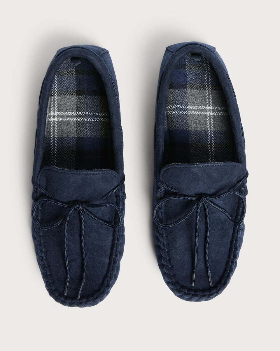 image 1 of F&F Bow Detail Moccasin Slippers in Navy
