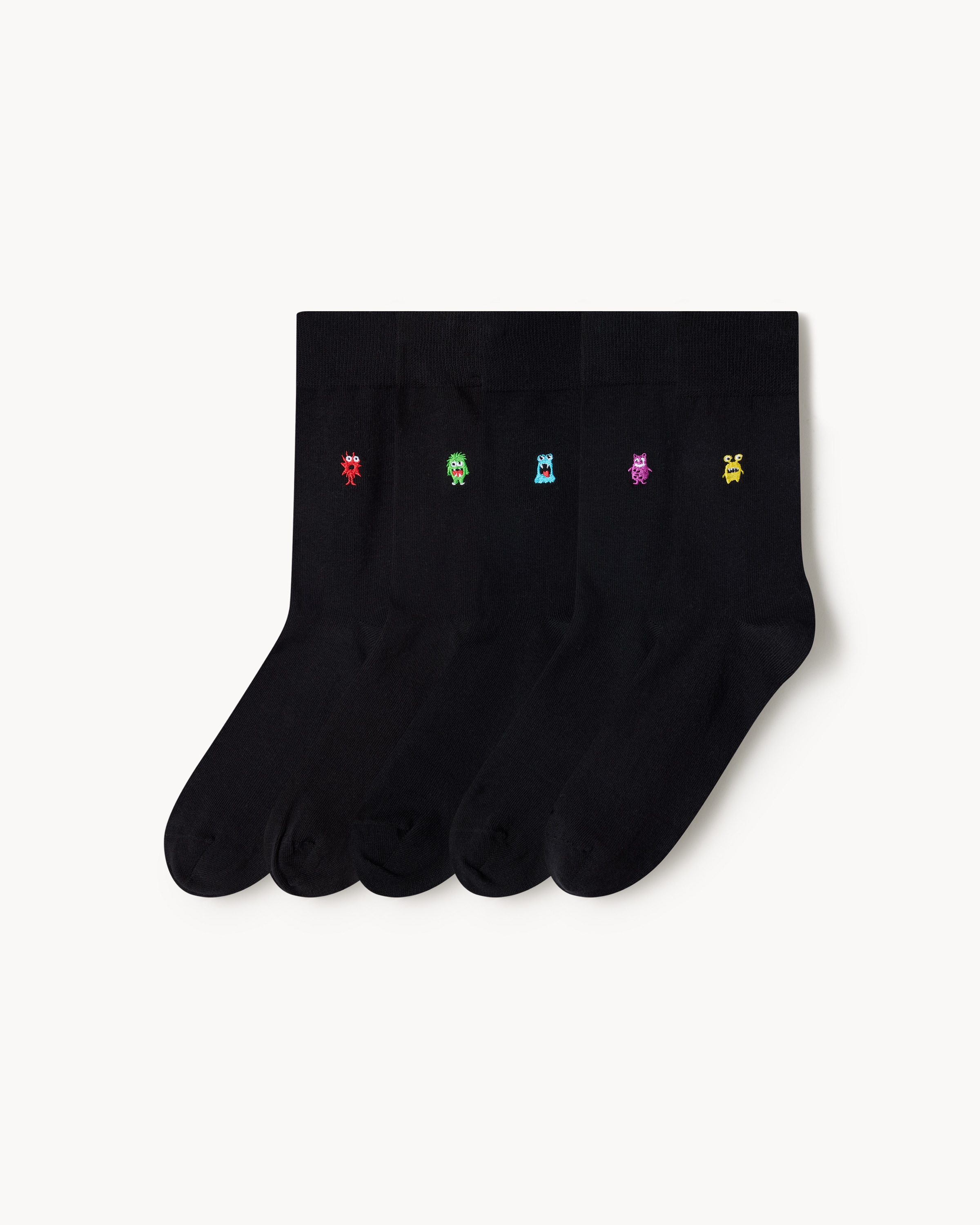 F&F 5-Pack Cotton Rich Embroidered Monster Ankle Socks in Black, Medium-Large 9-12
